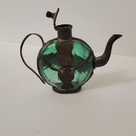 Vintage Emerald Green Glass Decanter Bottle with Ornate Aluminum Holder Teapot - Picture 7 of 9